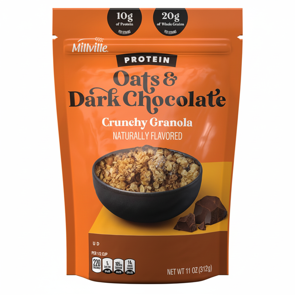 Millville Protein Oats and Dark Chocolate Crunchy Granola 11oz orange pouch front view with black bowl and dark chocolate chunks