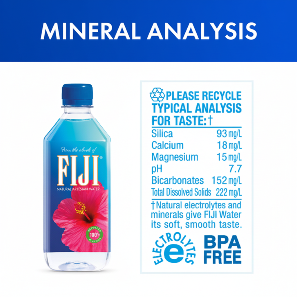 FIJI Natural Artesian Water mineral analysis infographic showing electrolytes and BPA free badge
