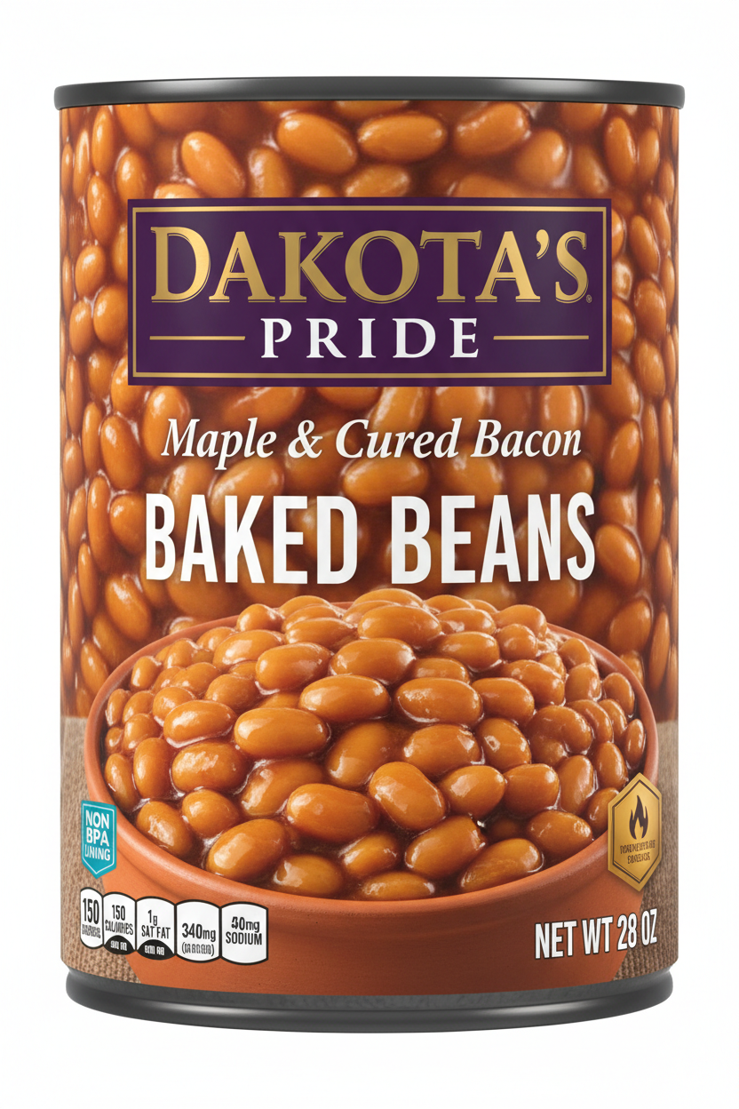 Dakota's Pride Maple and Cured Bacon Baked Beans 28 oz Steel Can Purple Banner Terracotta Bowl Non BPA Lining 150 Calories