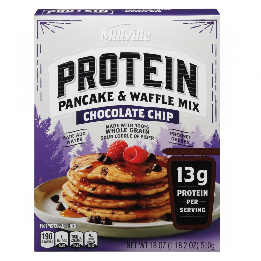 Millville Chocolate Chip Protein Pancake and Waffle Mix 18oz purple box front with 13g protein badge and chocolate chip pancake stack