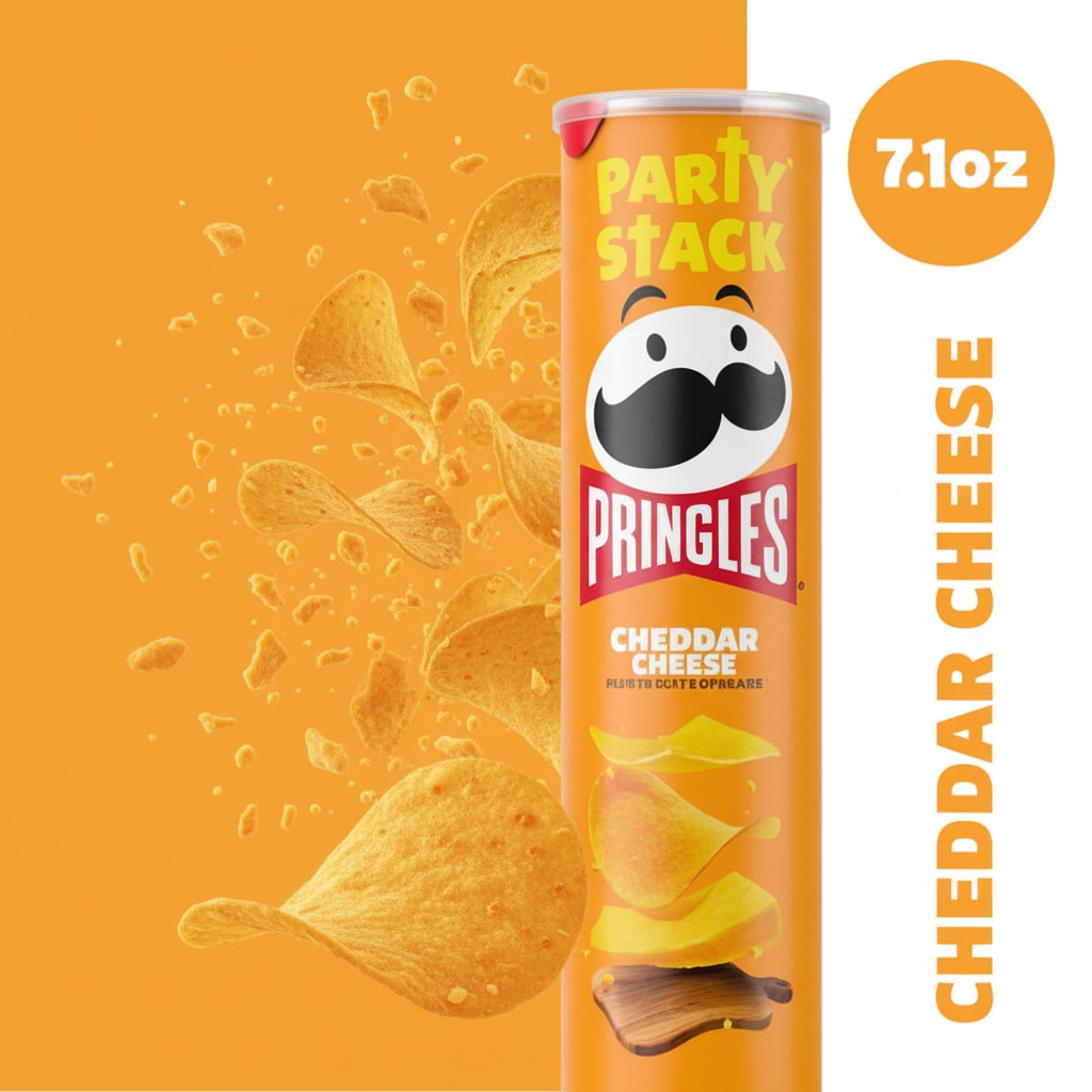 Pringles Cheddar Cheese Party Stack can with golden chips flying out on orange background
