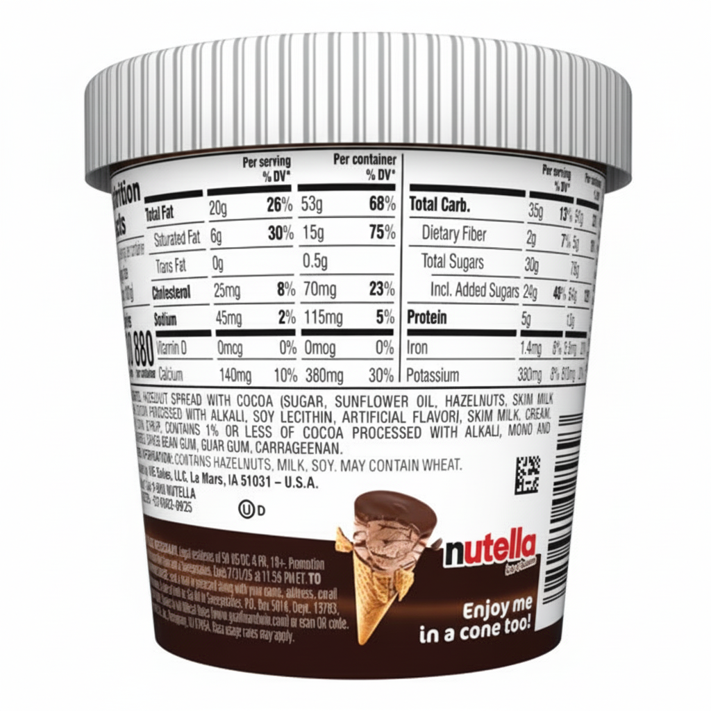 Nutella Ice Cream 14 fl oz tub back label with nutrition facts