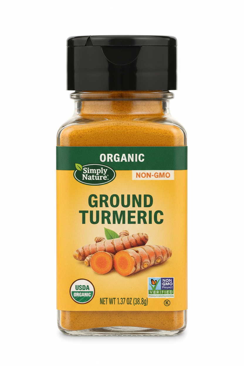 Simply Nature Organic Ground Turmeric 1.37 oz Clear Glass Bottle Black Cap Golden Yellow Label USDA Organic Non-GMO Project Verified
