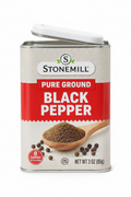 Stonemill Pure Ground Black Pepper 3 oz Square Tin Canister Burlap Texture Label Wooden Spoon Peppercorns 0 Calories Per Serving