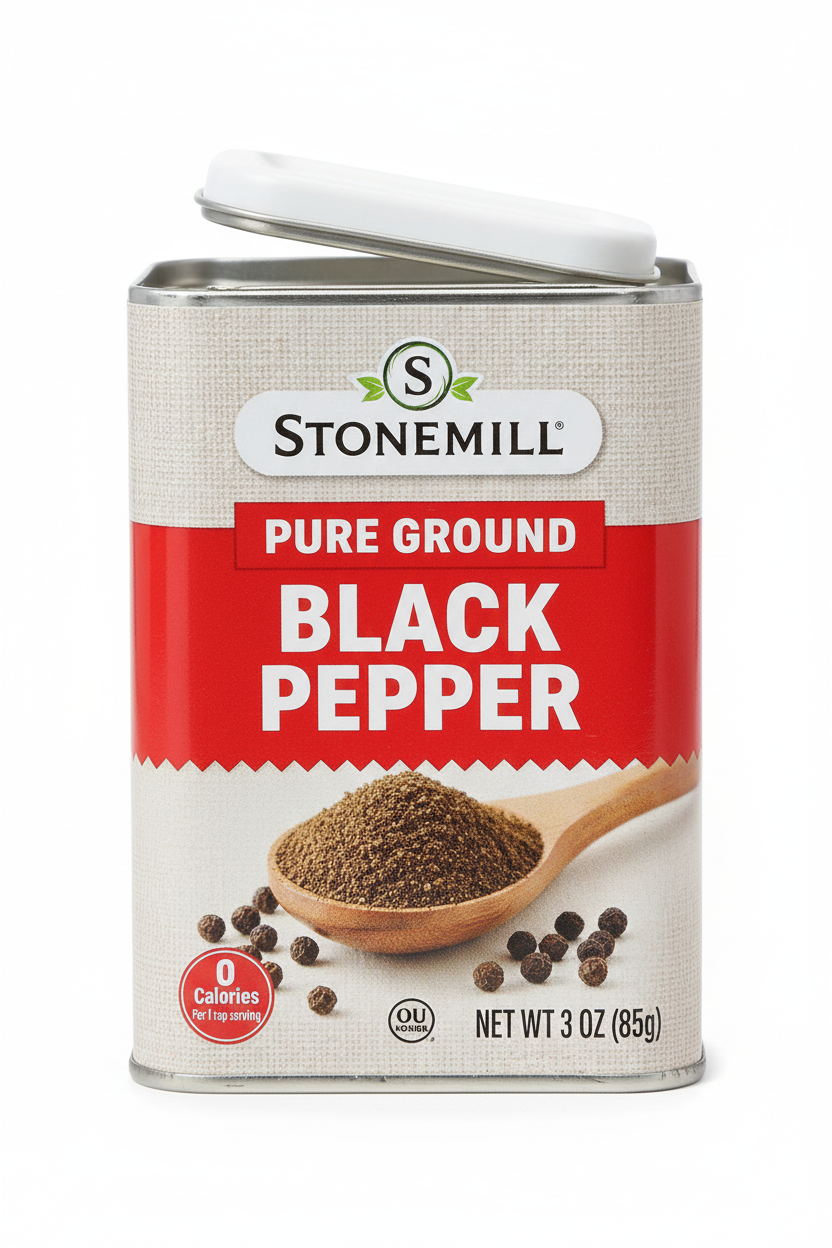 Stonemill Pure Ground Black Pepper 3 oz Square Tin Canister Burlap Texture Label Wooden Spoon Peppercorns 0 Calories Per Serving