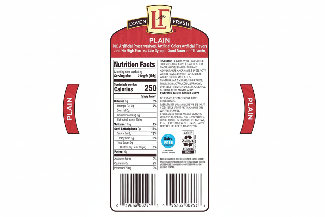 L'oven Fresh Plain Mini Bagels back label with nutrition facts 250 calories per 2 bagels, ingredients, Dairy Free and Kosher badges