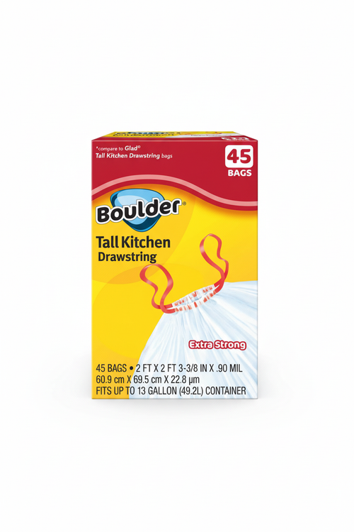 Boulder Tall Kitchen Drawstring Trash Bags 45 Count Extra Strong 13 Gallon Compare to Glad