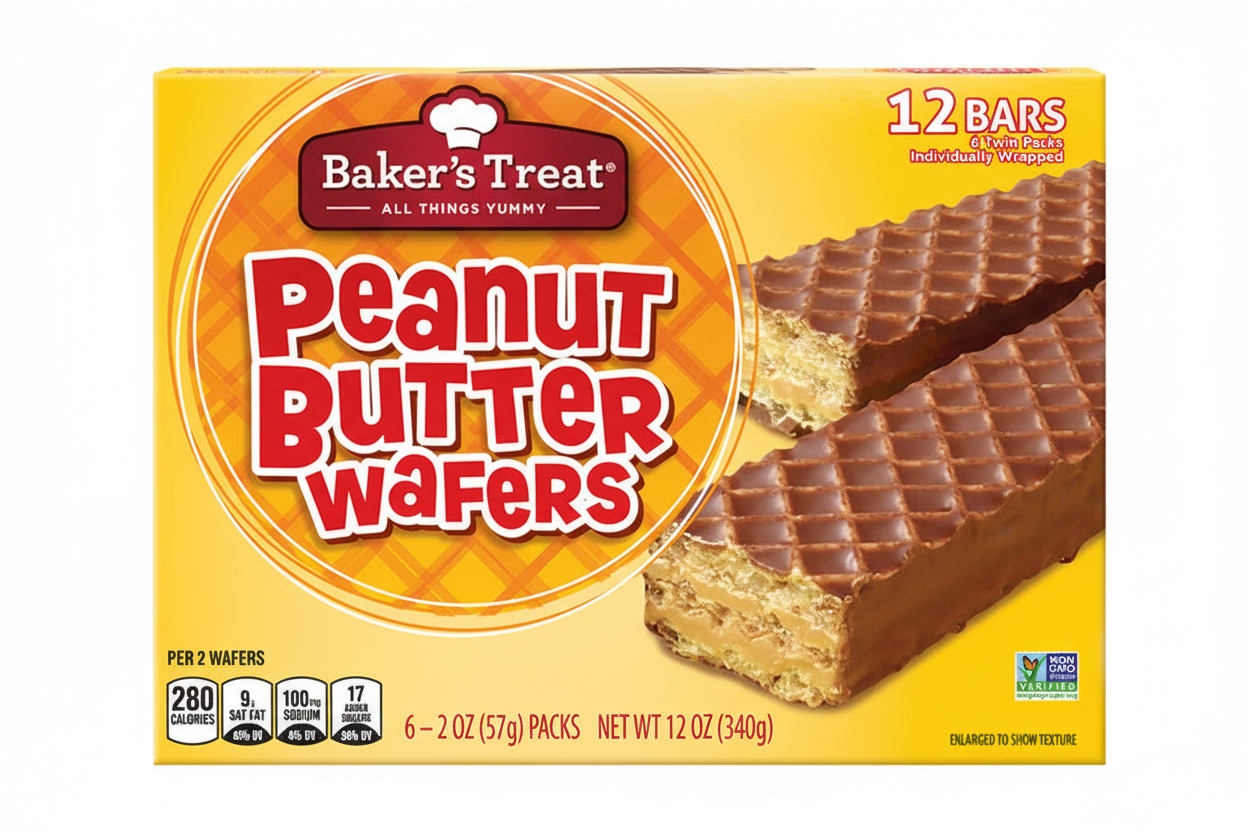 Baker's Treat Peanut Butter Wafers box front packaging