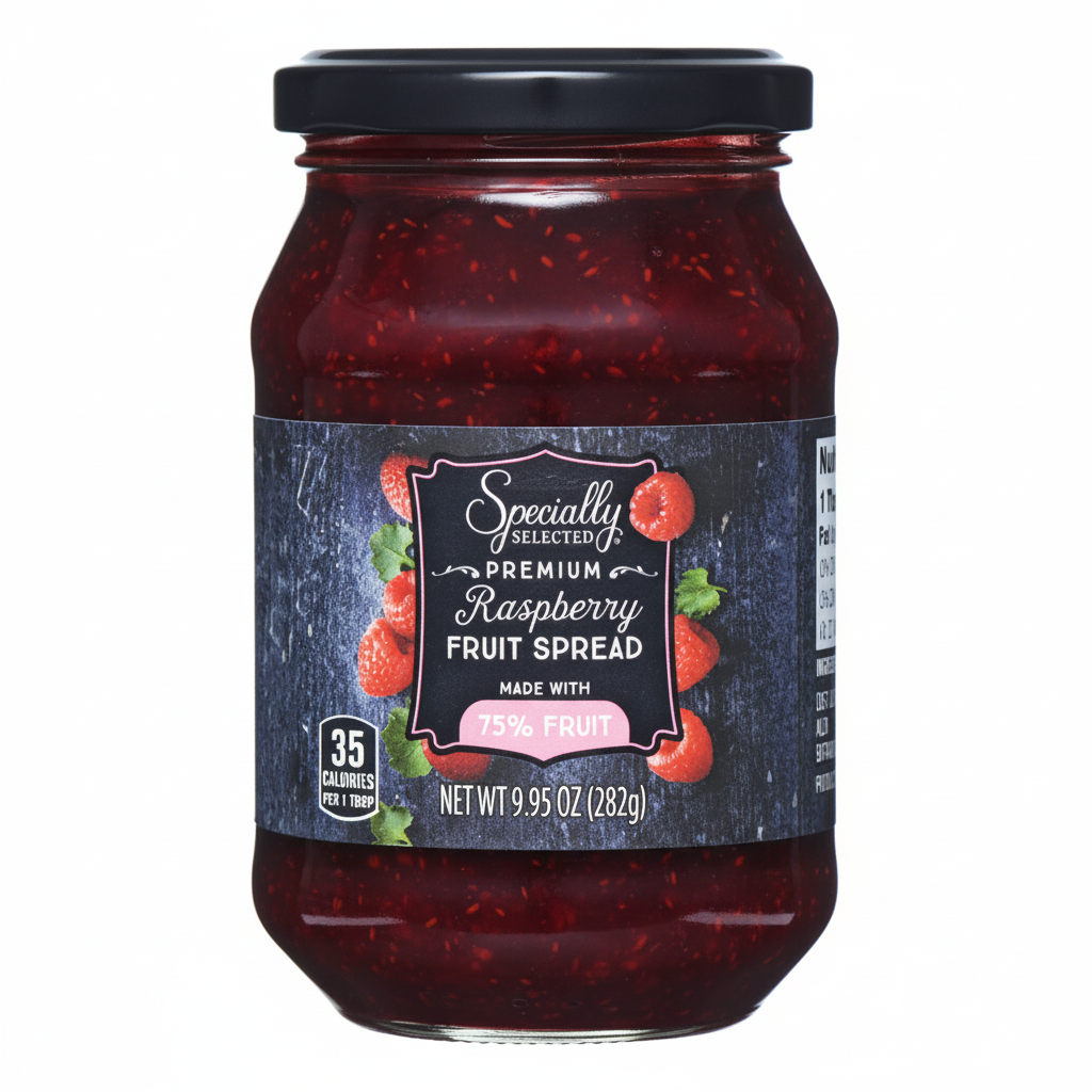 Specially Selected Premium Raspberry Fruit Spread 9.95oz dark glass jar front view with 75% fruit pink banner