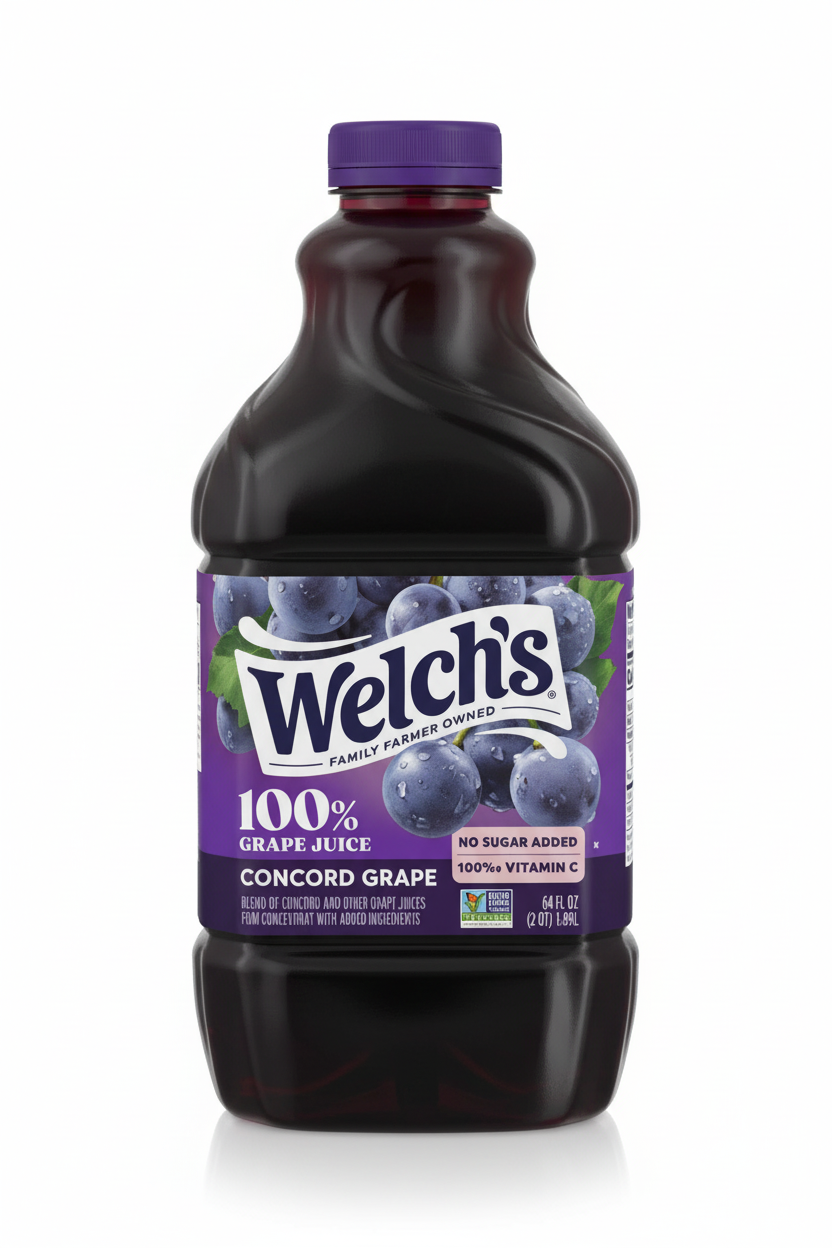Welch's 100% Concord Grape Juice 64 fl oz no sugar added 100% Vitamin C 140 calories per 8 fl oz Family Farmer Owned