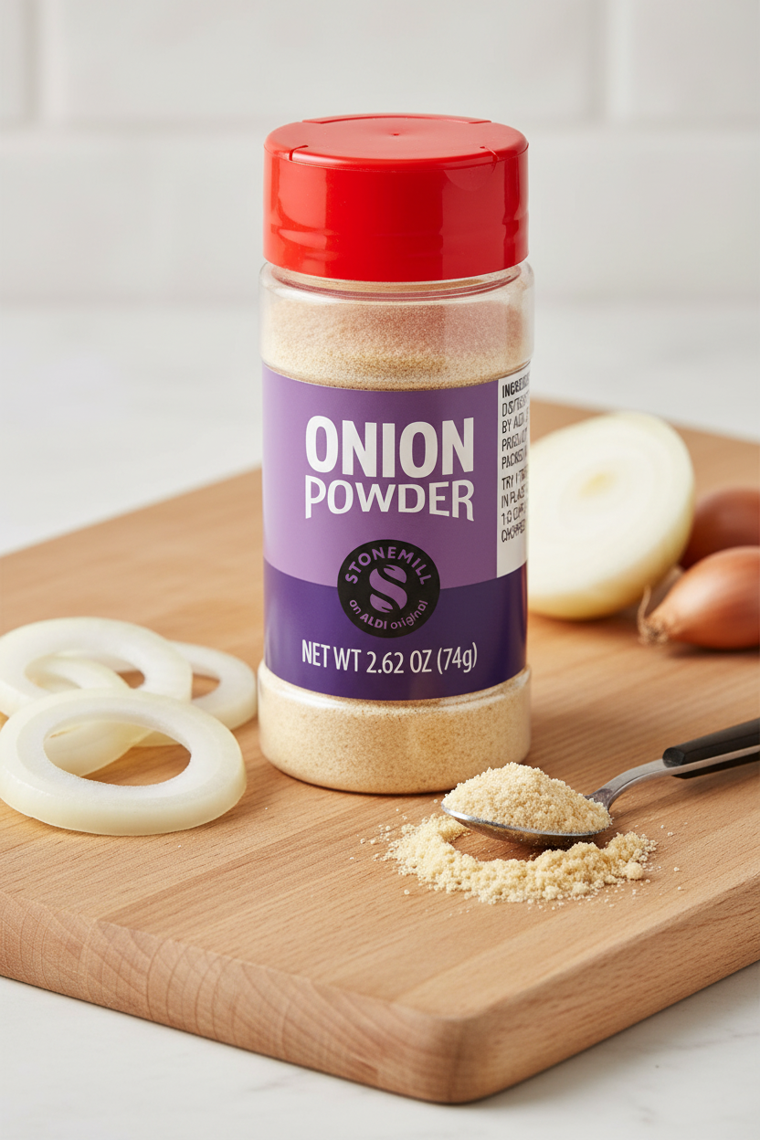 Stonemill Onion Powder 2.62 oz Clear Plastic Shaker Bottle Red Cap Purple Label ALDI Original