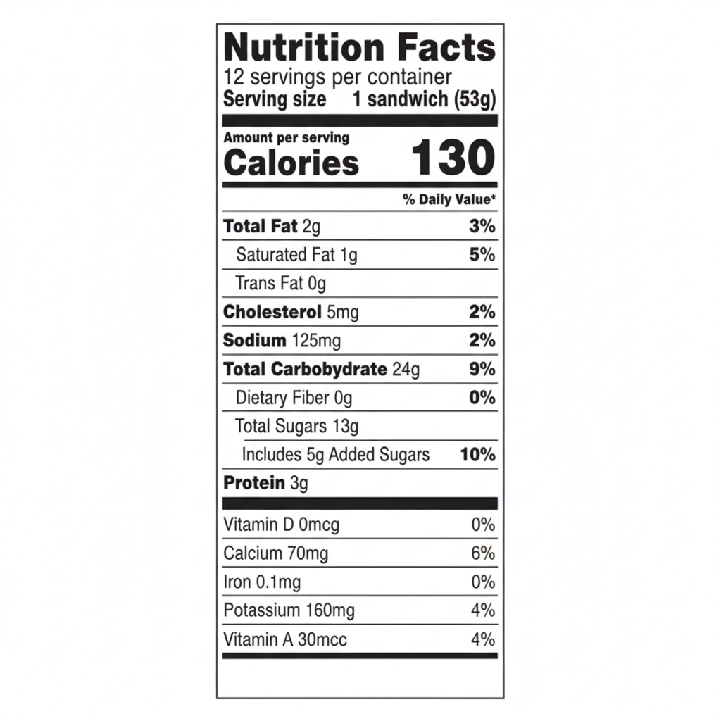 Sundae Shoppe Vanilla Ice Cream Sandwich Nutrition Facts label