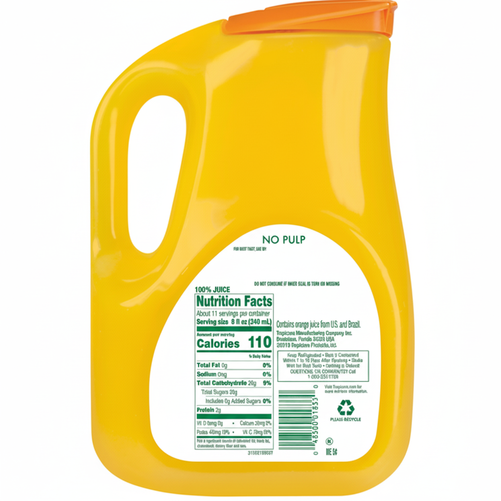 Tropicana Pure Premium 100% Orange Juice nutrition facts 110 calories 0g fat 22g sugars 0g added sugars 80% Vitamin C 11 servings per container