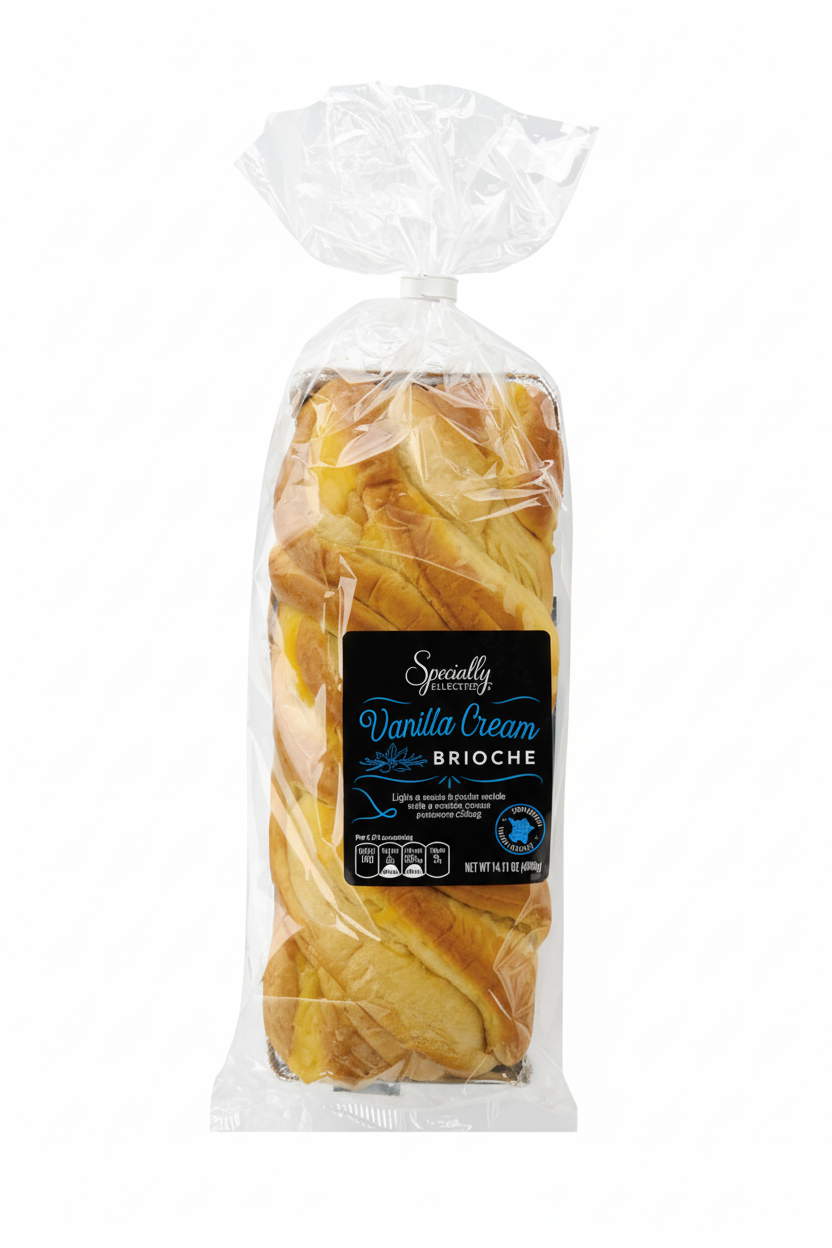 Specially Selected Vanilla Cream Brioche 14.11oz clear bag with dark black label, teal Vanilla Cream script, Non-GMO badge and golden-yellow twisted brioche swirl with vanilla cream filling