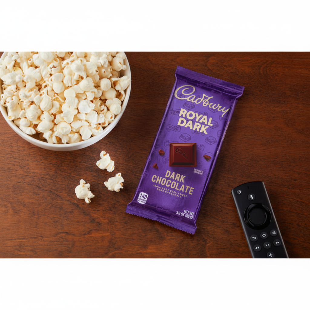 Cadbury Royal Dark Dark Chocolate bar 3.5 oz lifestyle shot with popcorn bowl and TV remote on wood table