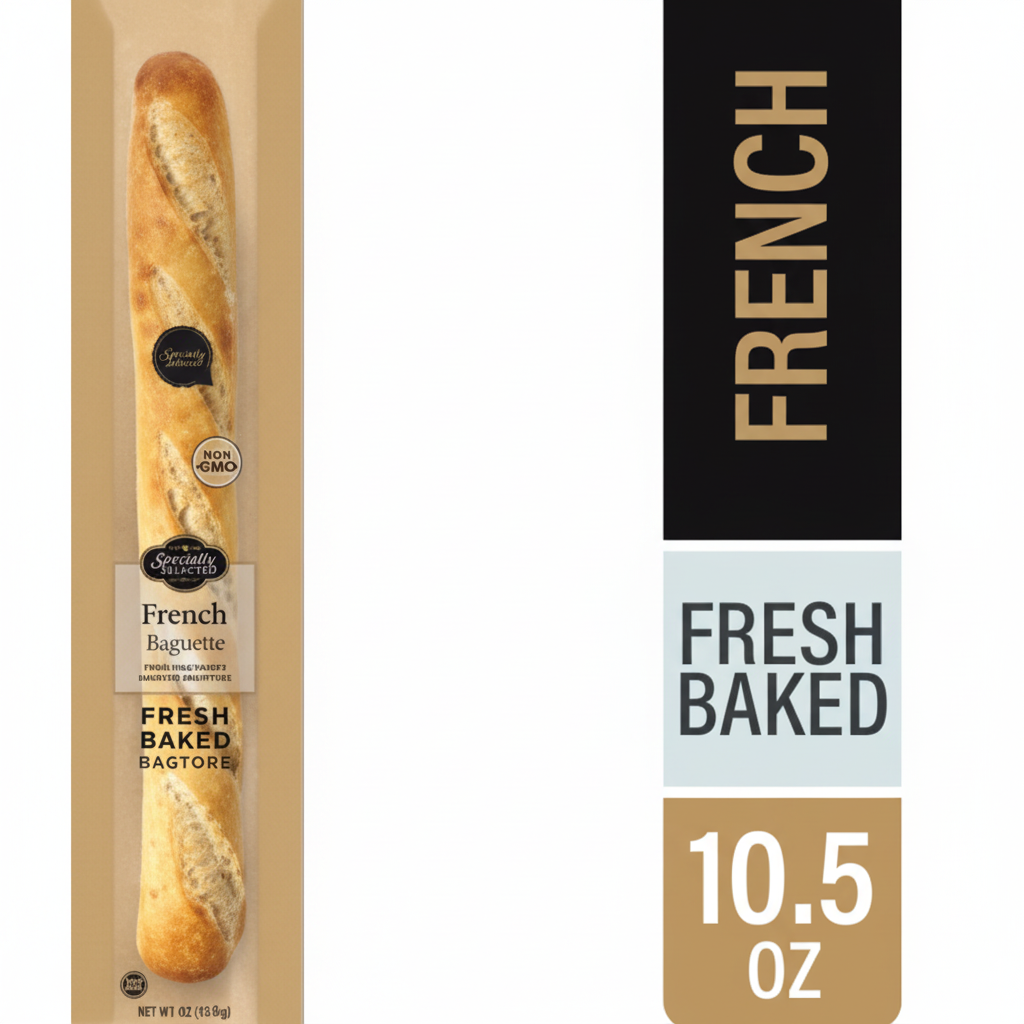 Specially Selected French Baguette with black panel showing FRENCH FRESH BAKED 10.5oz text and golden baguette