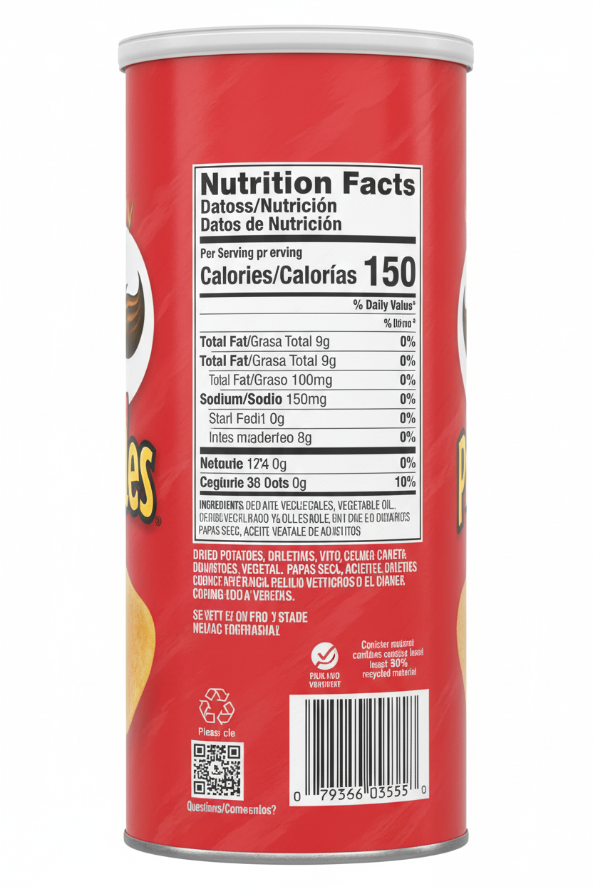 Pringles Original Party Stack can back panel with nutrition facts and ingredients