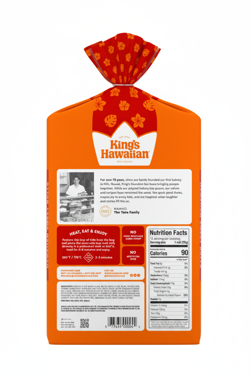 King's Hawaiian Original Sweet Rolls back panel with Taira family story, heat eat enjoy instructions, nutrition facts 90 calories and No HFCS badge