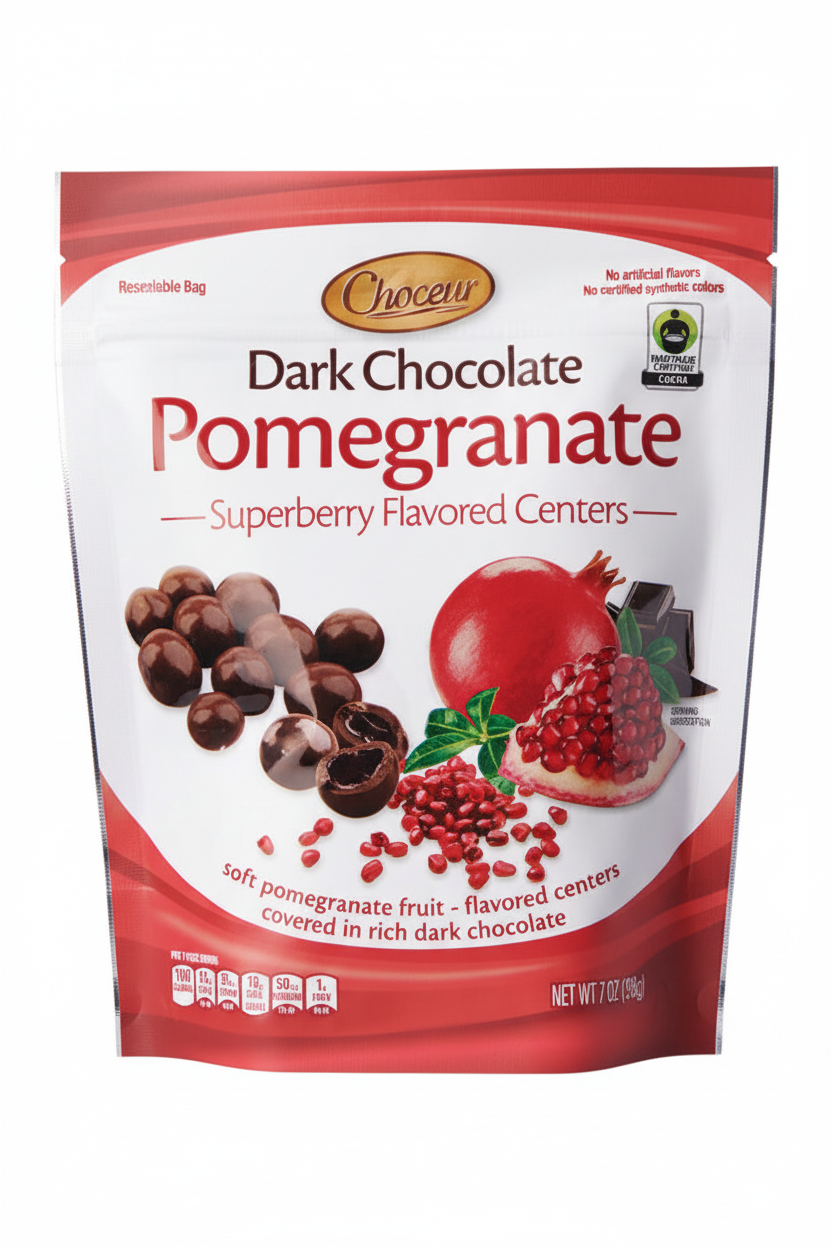 Choceur Dark Chocolate Pomegranate Superberry Flavored Centers 7 oz 198g resealable bag 100 calories per 7 pieces Fairtrade Certified Cocoa no artificial flavors