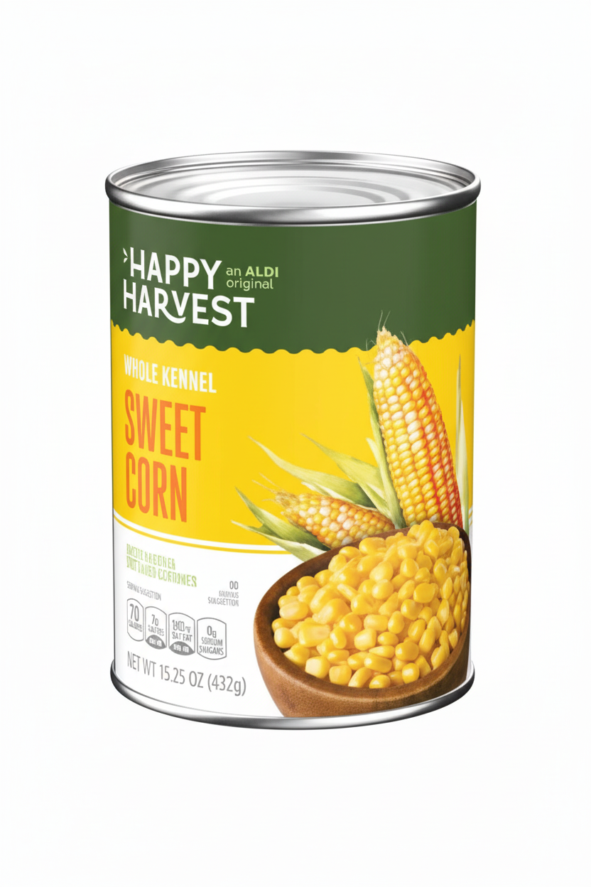 Happy Harvest Whole Kernel Sweet Corn 15.25 oz Steel Can Green and Yellow Label Corn on the Cob Wooden Bowl Serving Suggestion ALDI Original 70 Calories
