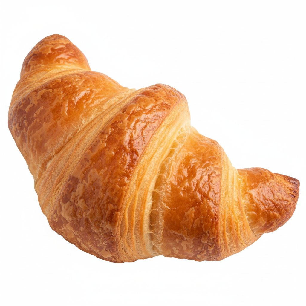 Single golden-brown flaky mini croissant with buttery layered pastry texture on white background