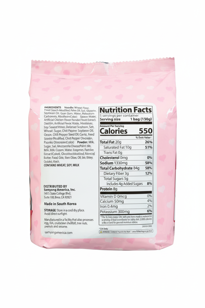 Samyang Buldak Carbonara Ramen nutrition facts 550 calories 20g fat 1330mg sodium 84g carbs 8g protein per bag contains wheat soy milk made in South Korea