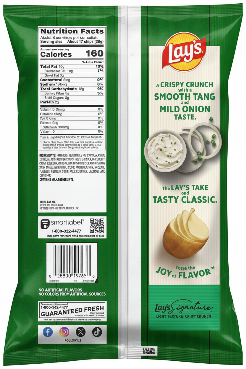 Lay's Sour Cream and Onion Potato Chips bag back with nutrition facts and crispy crunch smooth tang story