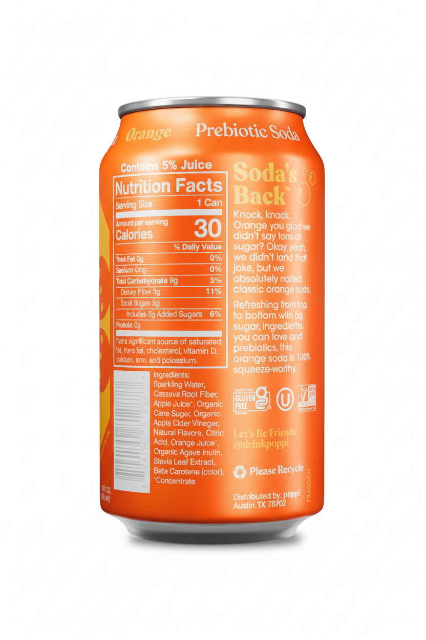 Poppi Orange prebiotic soda nutrition facts 30 calories 5g sugar contains 5% juice gluten free