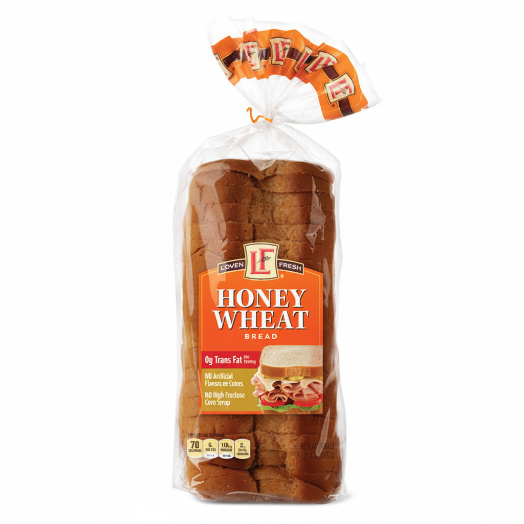 L'oven Fresh Honey Wheat Bread 20oz loaf in clear bag with orange label, LF gold logo, 0g Trans Fat banner and No High Fructose Corn Syrup claim