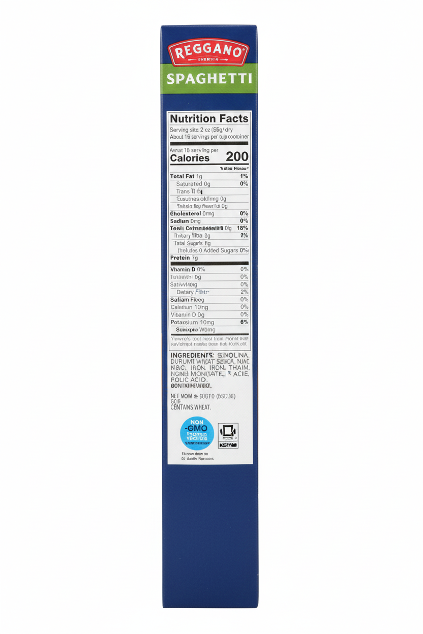 Reggano Spaghetti 32 oz nutrition facts 200 calories 7g protein 41g carbs 0mg sodium 16 servings per container contains wheat non-GMO kosher