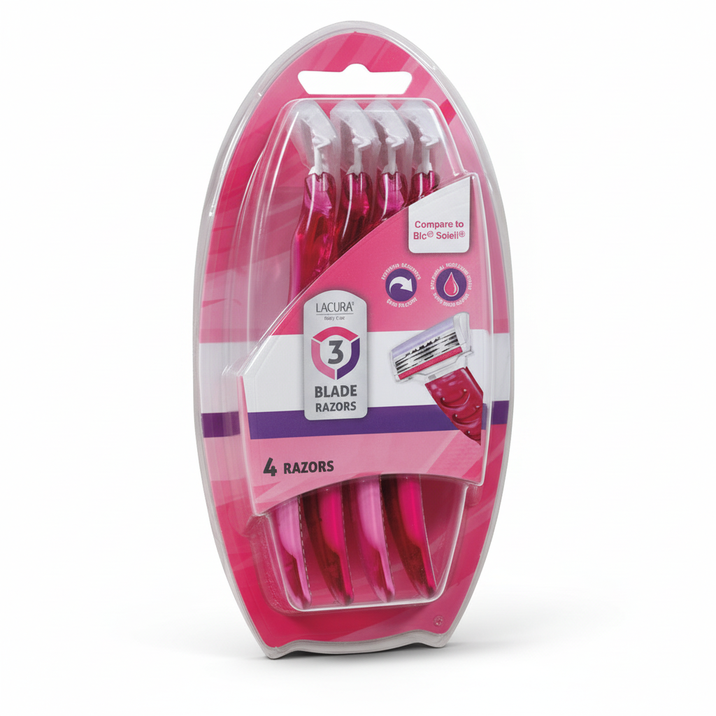 Lacura Body Care Women's Triple Blade Disposable Razors 4-count pink blister pack studio shot