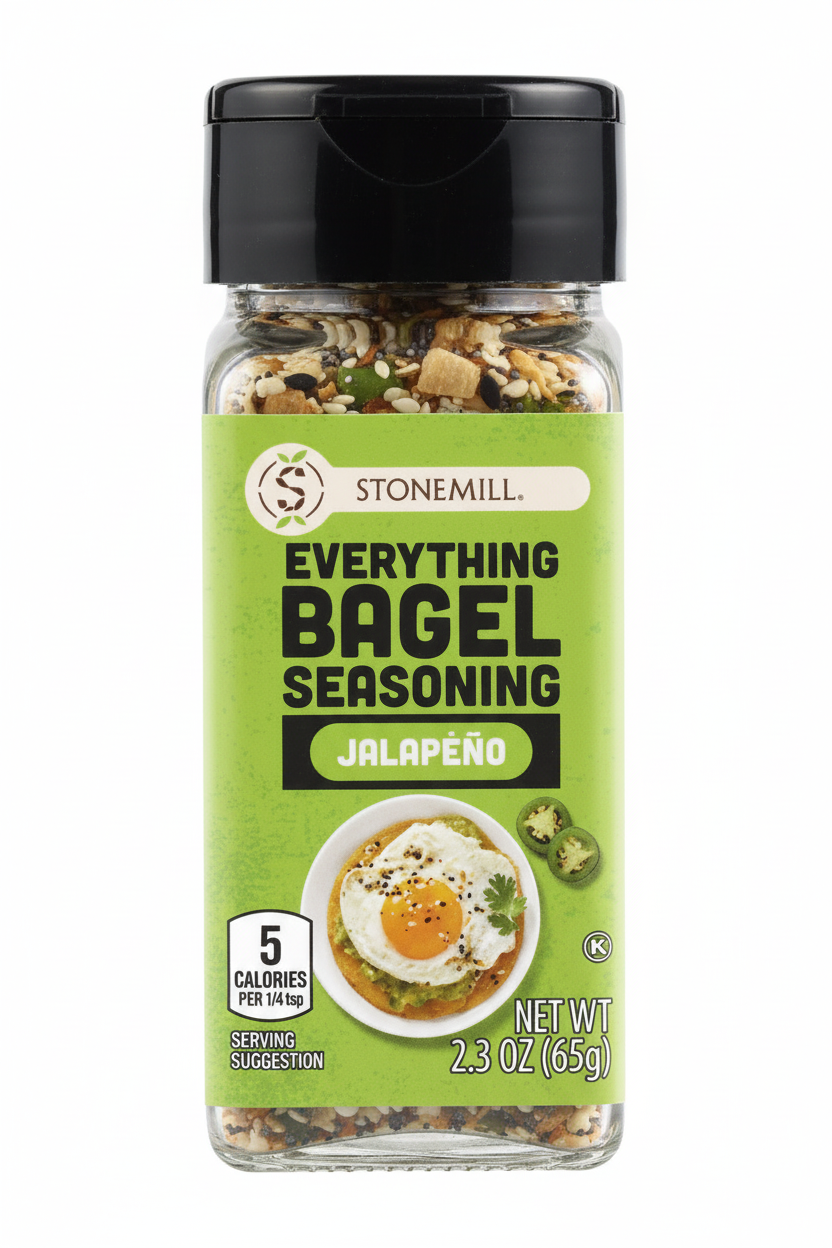 Stonemill Everything Bagel Seasoning Jalapeño 2.3 oz Clear Glass Bottle Black Cap Lime Green Label 5 Calories Per Serving