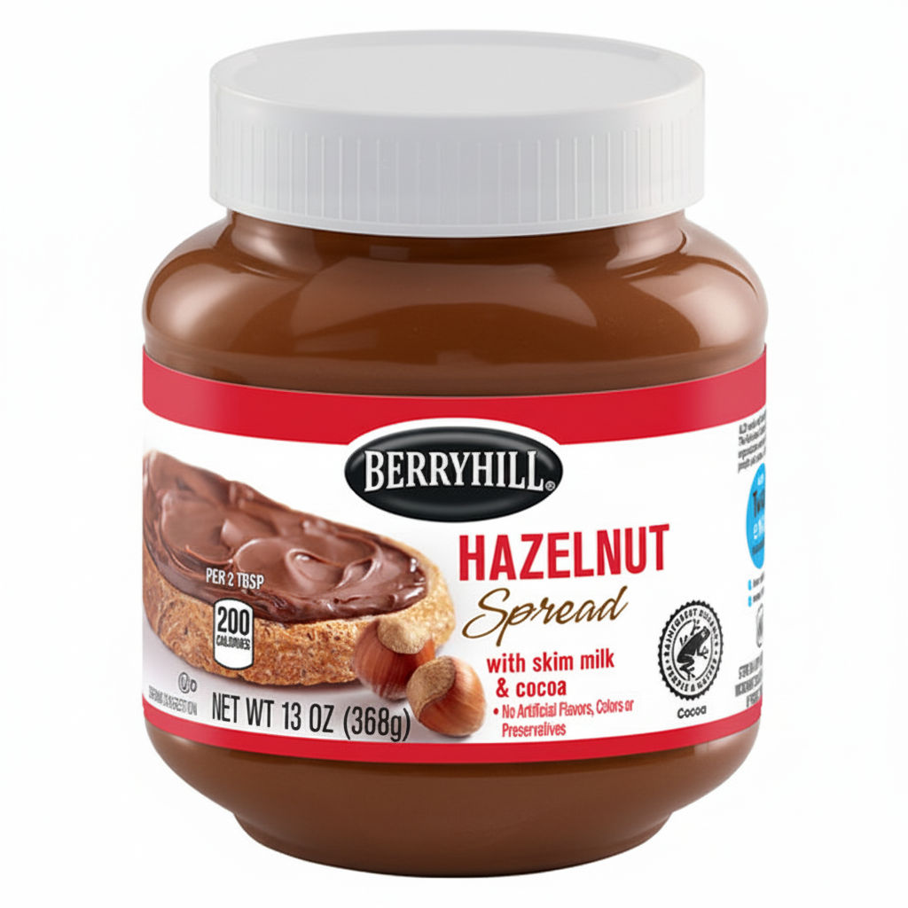 Berryhill Hazelnut Spread 13oz jar front view with red label band and white lid