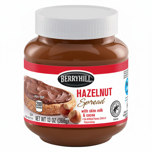 Berryhill Hazelnut Spread 13oz jar front view with red label band and white lid