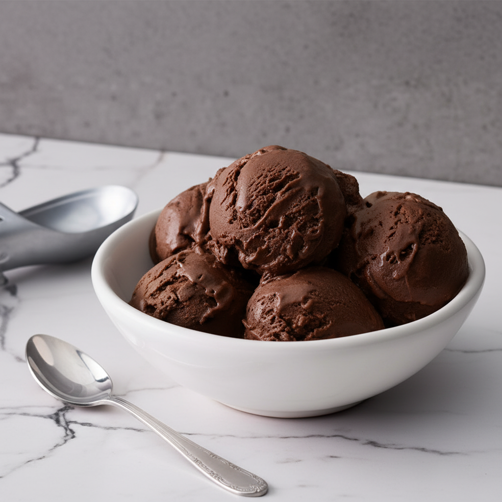 Rich chocolate ice cream scoops in a white bowl on marble surface