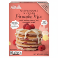 Millville Raspberries N Cream Pancake Mix with White Chocolate Flavored Icing 15.9oz pink box front with pancake stack and raspberry topping