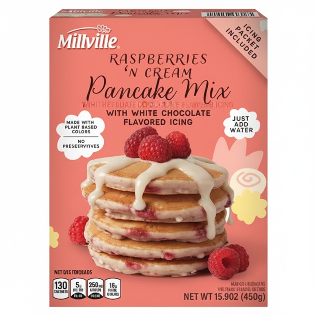 Millville Raspberries N Cream Pancake Mix with White Chocolate Flavored Icing 15.9oz pink box front with pancake stack and raspberry topping