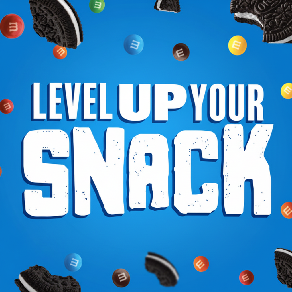 Level Up Your Snack text on blue background with M&M candies and Oreo cookie pieces scattered around