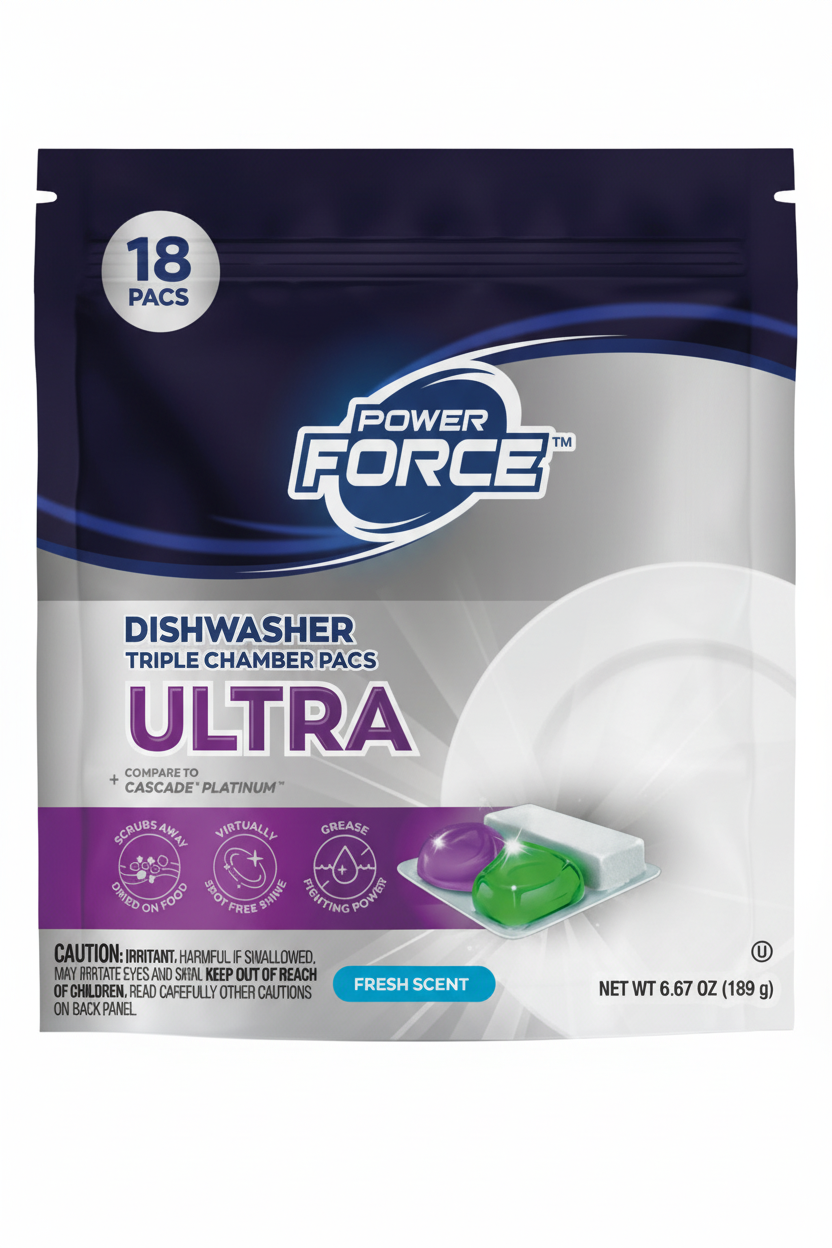 Power Force Dishwasher Triple Chamber Pacs Ultra Fresh Scent 18 Count Scrubs Dried Food Spot Free Grease Fighting