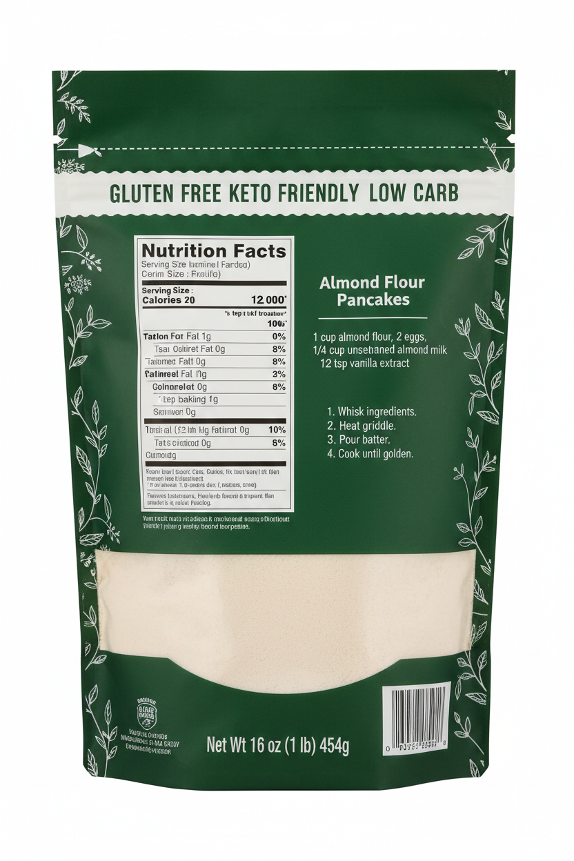 Baker's Corner Almond Flour 16 oz Back Panel Nutrition Facts Recipe Section