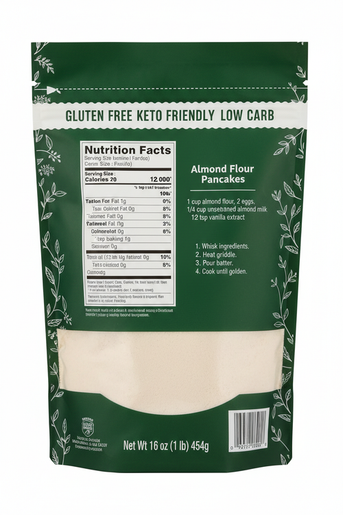 Baker's Corner Almond Flour 16 oz Back Panel Nutrition Facts Recipe Section