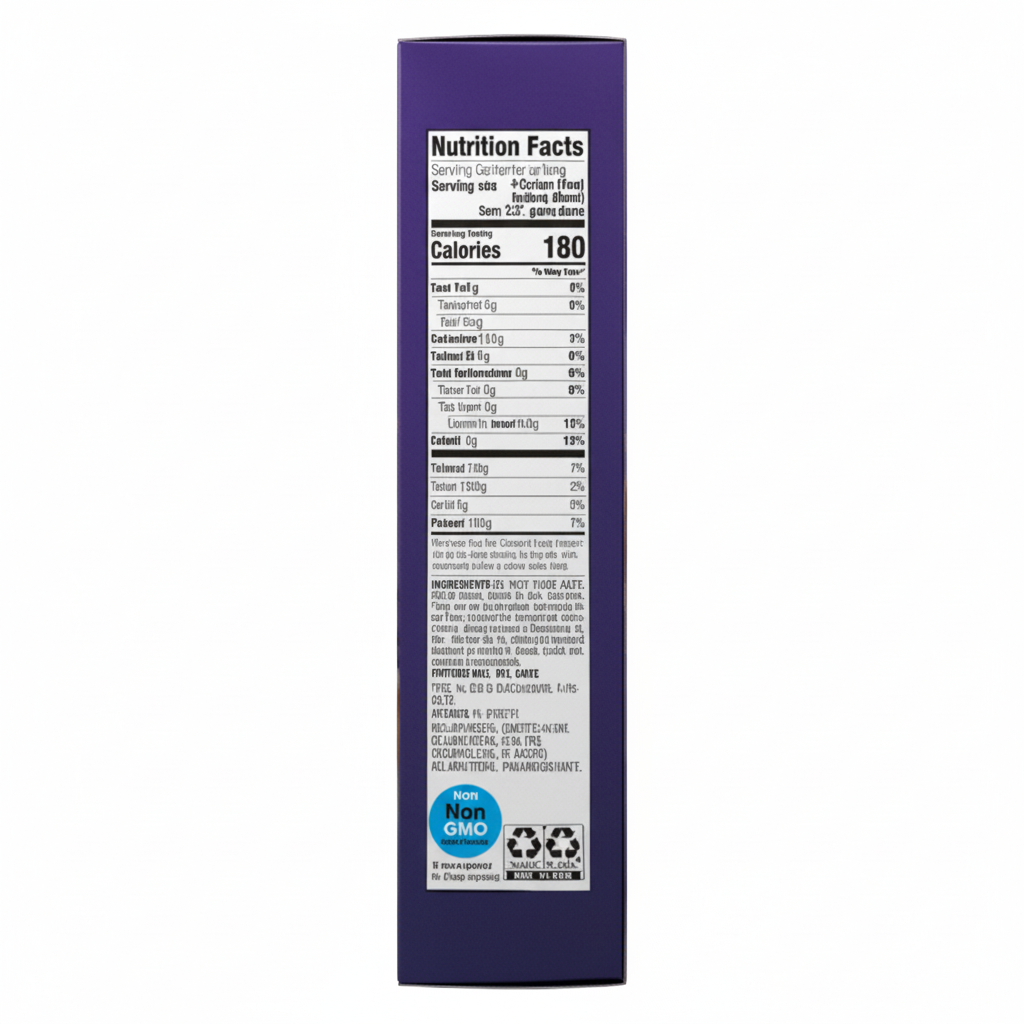 Millville Chocolate Chip Protein Pancake and Waffle Mix 18oz box side panel with nutrition facts and Non-GMO badge