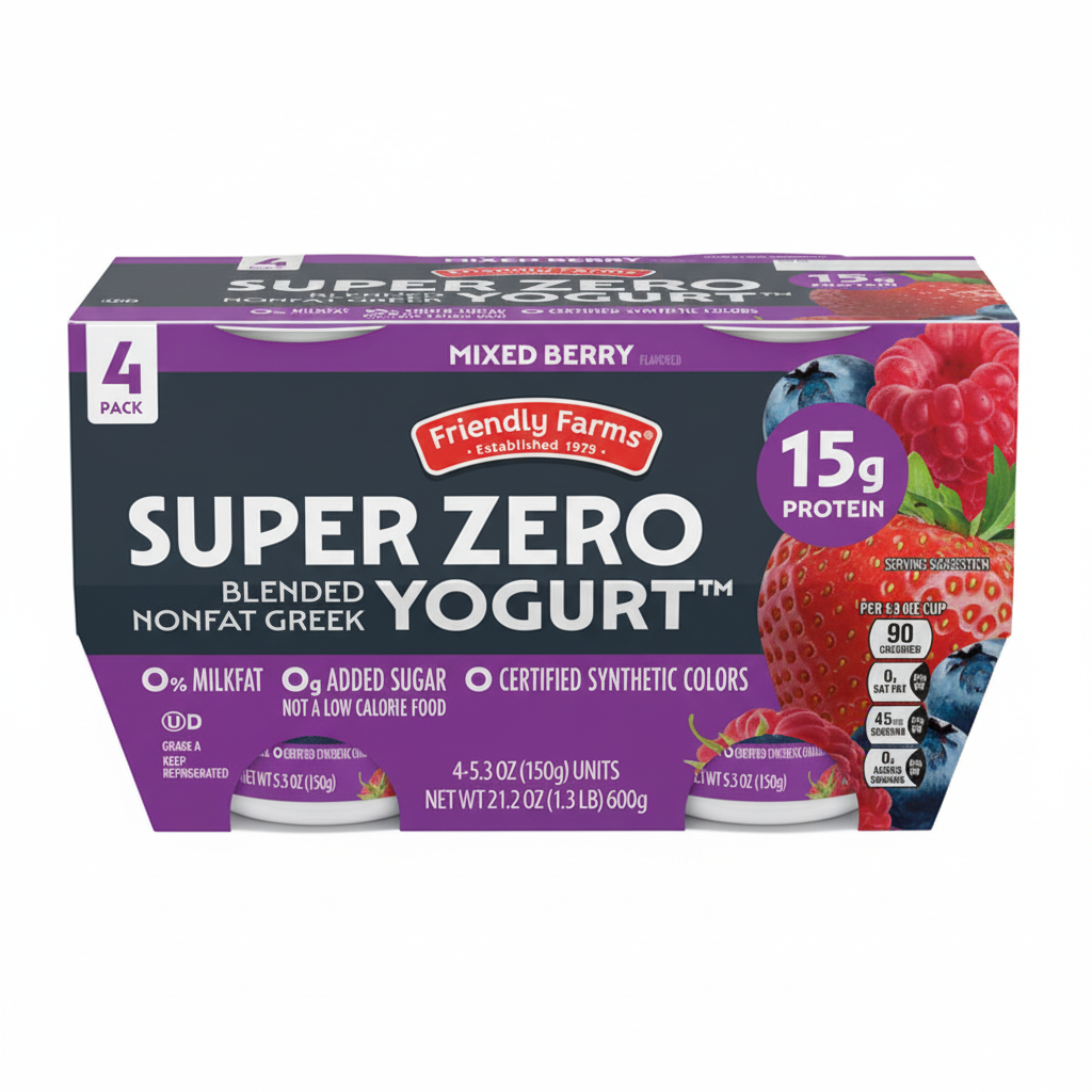 Friendly Farms Super Zero Blended Nonfat Greek Yogurt Mixed Berry 4-pack 5.3oz multipack box with 15g protein badge and berry imagery