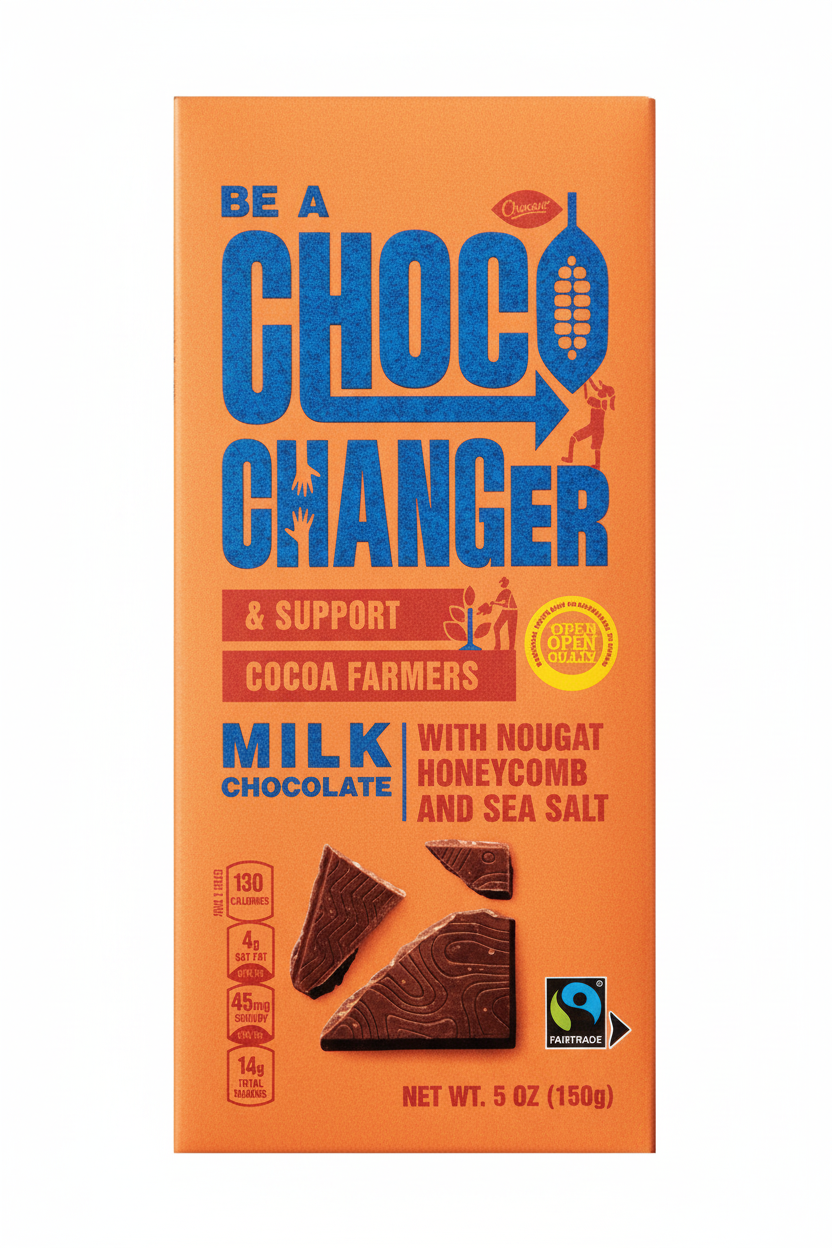 Choceur Be A Choco Changer Milk Chocolate with Nougat Honeycomb and Sea Salt 5 oz 150g 130 calories 4g sat fat 45mg sodium 14g sugars Fairtrade certified