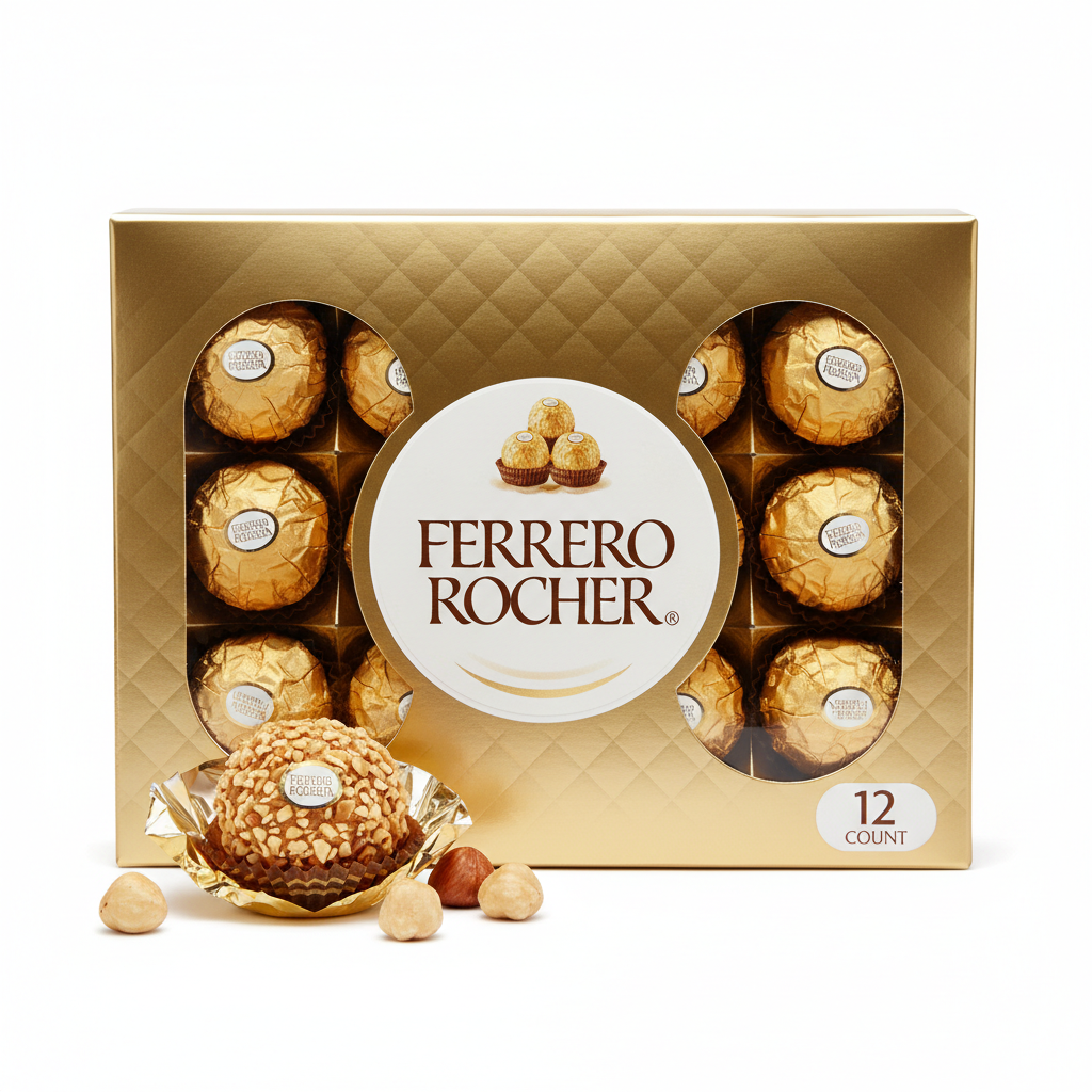 Ferrero Rocher Fine Hazelnut Milk Chocolates 12 count premium gold gift box with clear windows showing chocolates whole hazelnuts