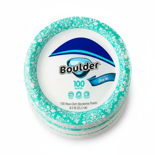 Boulder Heavy Duty Decorative Paper Plates 100 Count 8.5 Inch Teal Floral Grease Resistant Microwavable