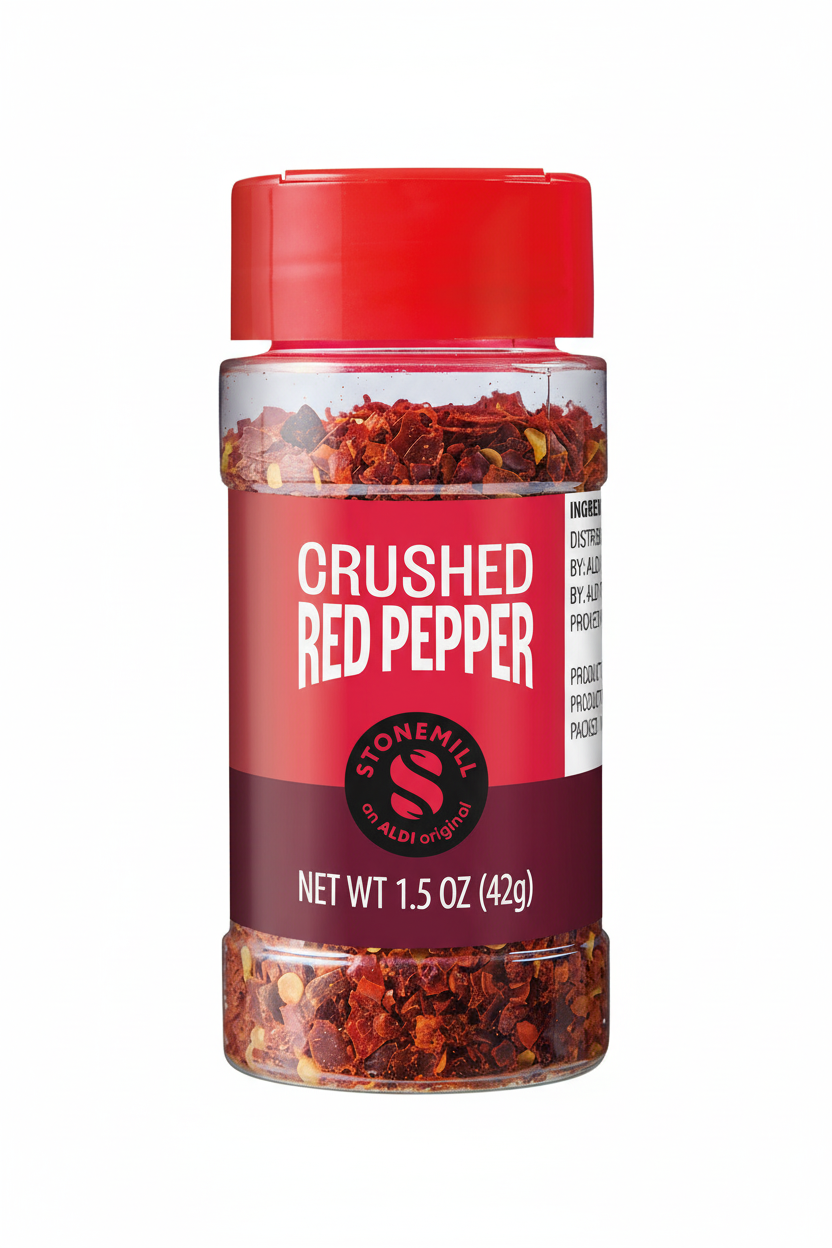 Stonemill Crushed Red Pepper 1.5 oz Clear Plastic Shaker Bottle Red Cap Bold Red Maroon Label ALDI Original