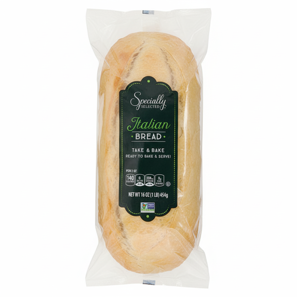 Specially Selected Italian Bread Take & Bake 16oz loaf in clear bag with dark green oval badge, Italian script and Non-GMO verified badge