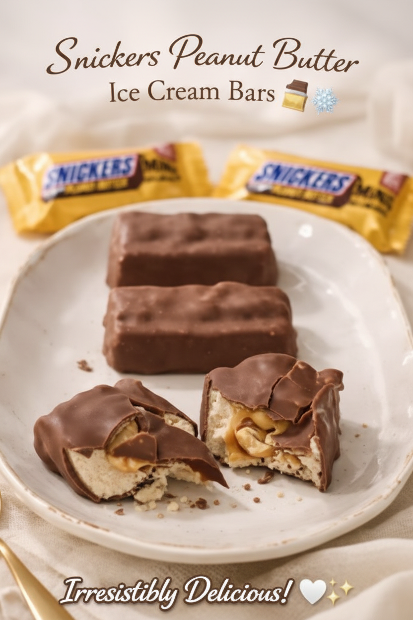 Snickers Peanut Butter Ice Cream Bars on a white plate showing chocolate coating and peanut butter filling