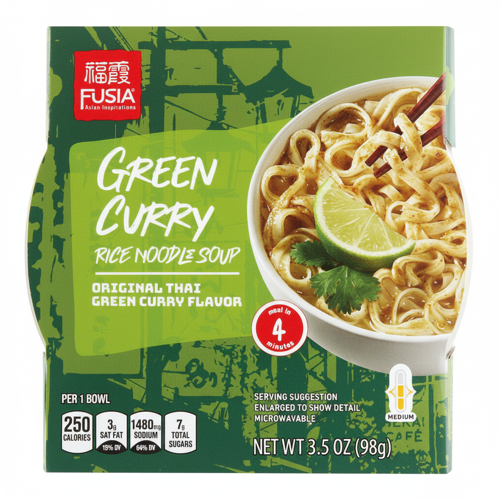 Fusia Asian Inspirations Green Curry Rice Noodle Soup 3.5 oz 250 calories medium spice microwavable meal in 4 minutes original Thai green curry flavor coconut lemongrass lime